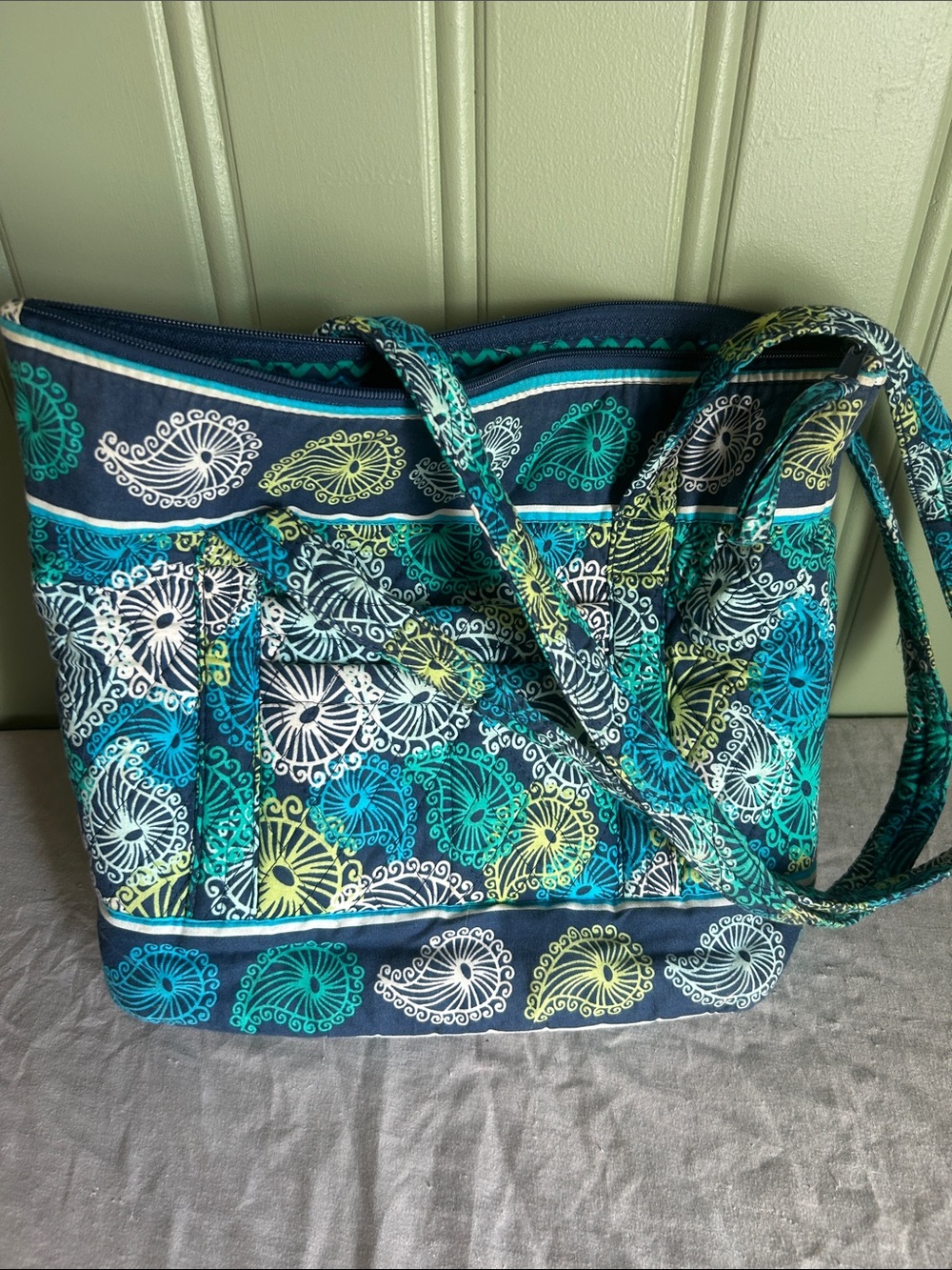 Quilted Teal & Navy Patterned Tote Bag - Women's Everyday Shoulder Bag